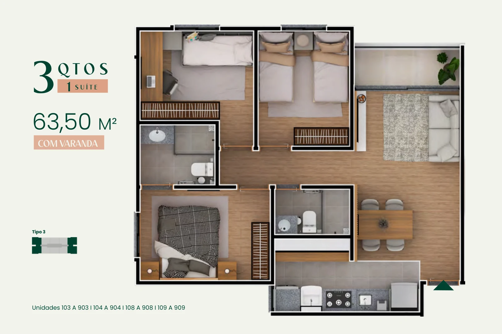 Plantas de apartamentos de 3 quartos e cobertura do Auro Taguatinga